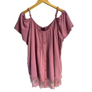 Torrid Women Pink Cold Shoulder Lace Trim Pintuck Button Front Blouse Size 3